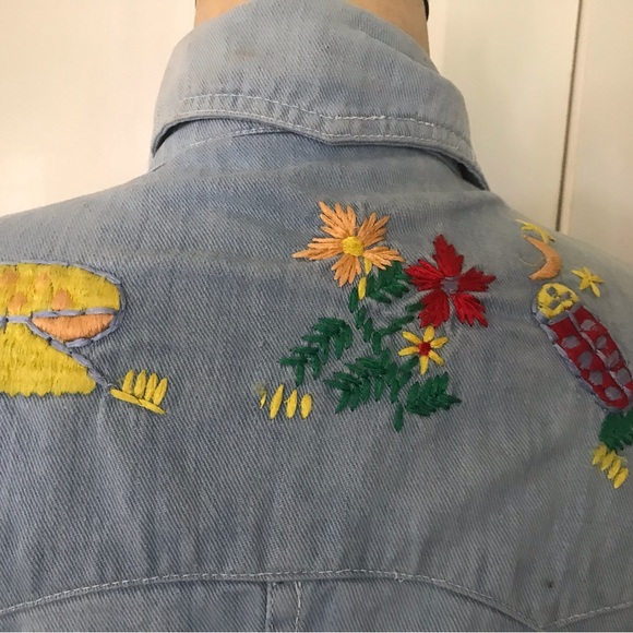 Your favorite 70s cotton denim hand-embroidered mushrooms lady bug Boho  shirt ! - Picture 5 of 16